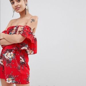 Parisian Petite Off the Shoulder Floral Romper Red
